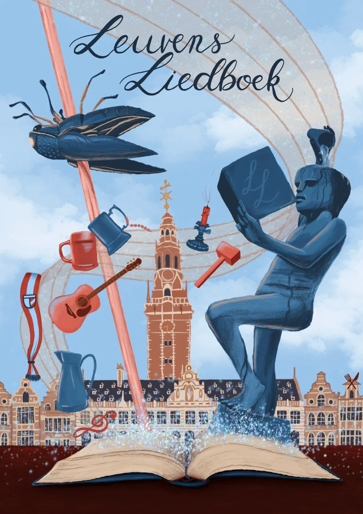 Titelpagina van het Liedboek: een open boek met Leuvense gebouwen, Fonske en cantussymbolen.