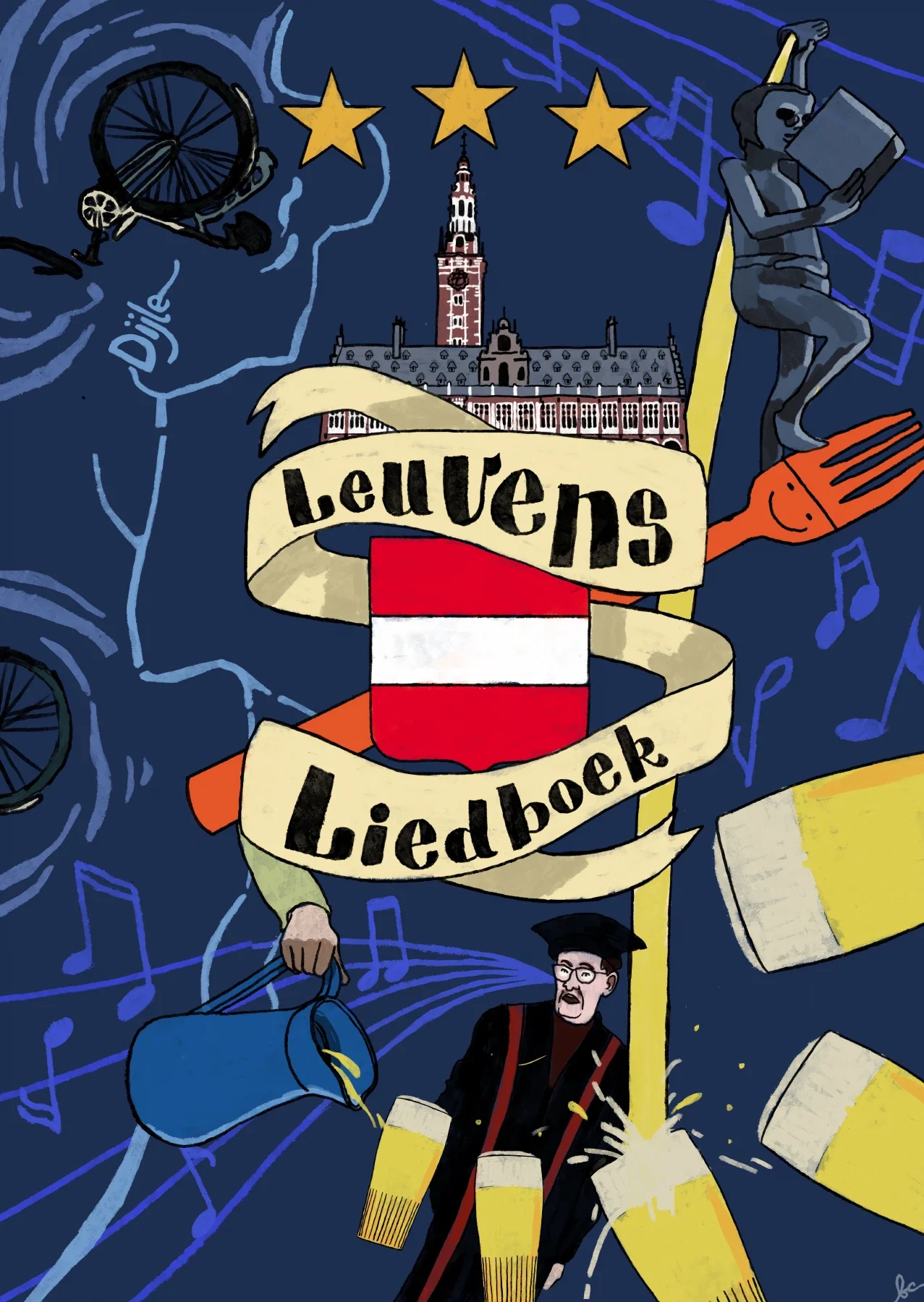 Titelpagina van Editie 1 met de Leuvense kleuren, het bibliotheekgebouw, Fonske en cantussymbolen.